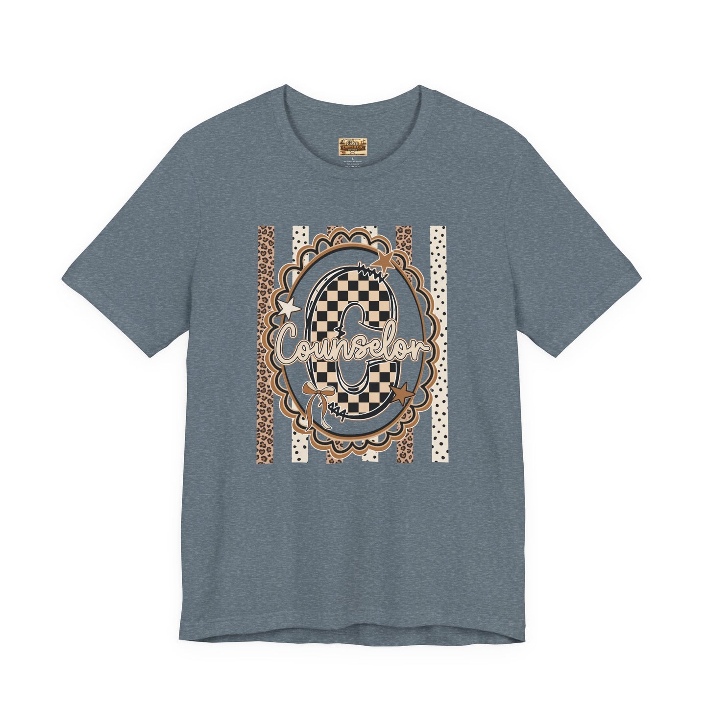 Counselor Tee — Retro Checkerboard & Leopard Print Graphic T-Shirt