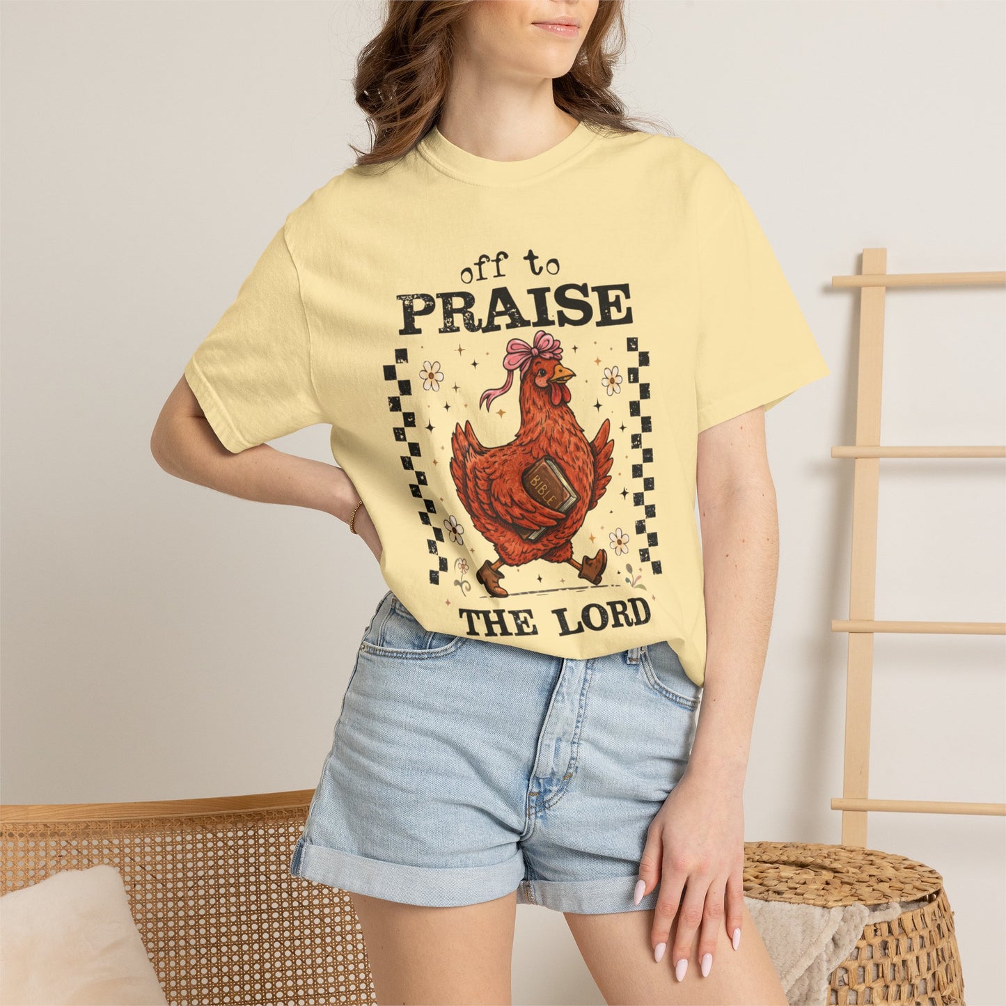 Praise the Lord Chicken T-Shirt — 'Off to Praise the Lord' Vintage Farmhouse Tee