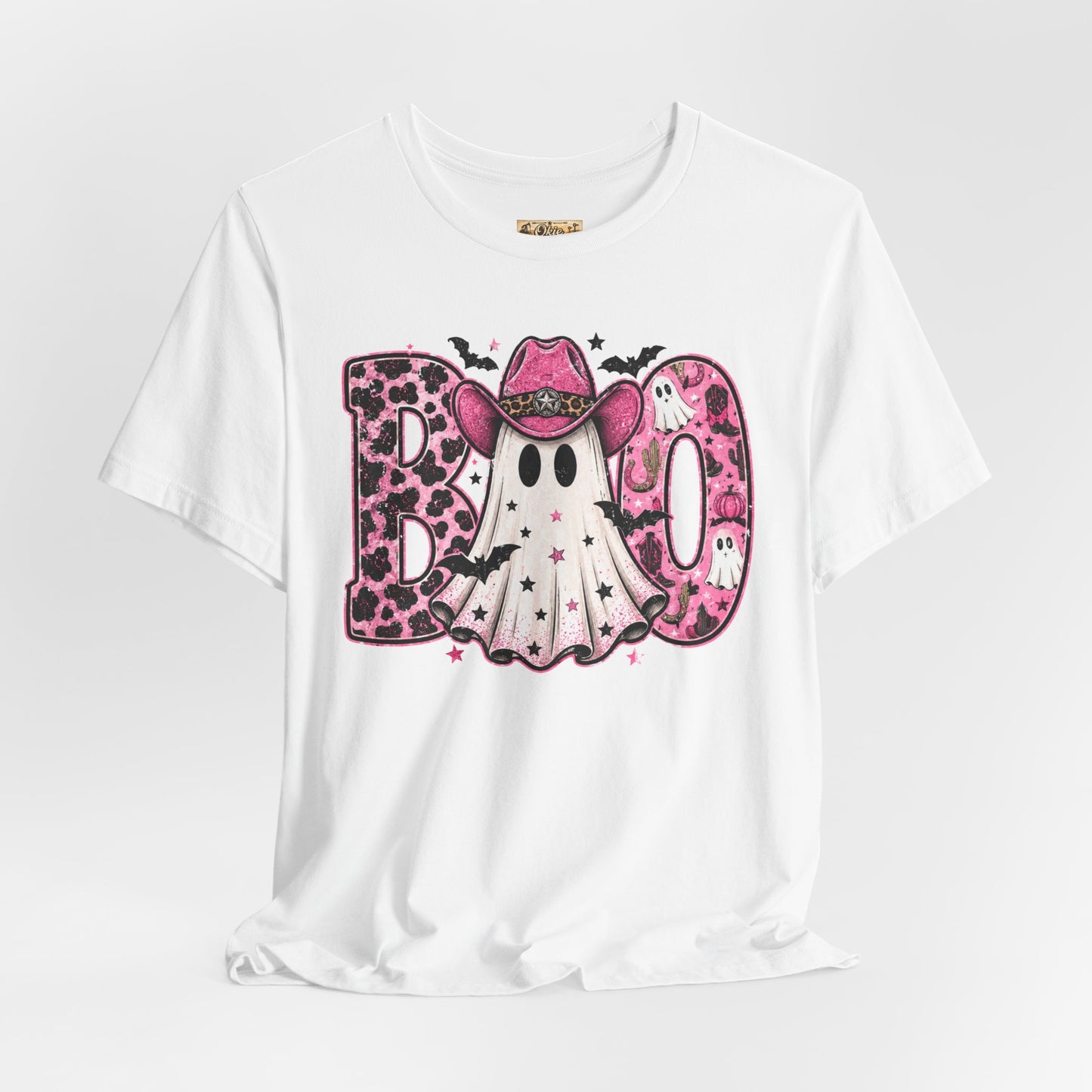 Boo Pink Leopard Ghost Tee — Cute Cowgirl Halloween T-Shirt