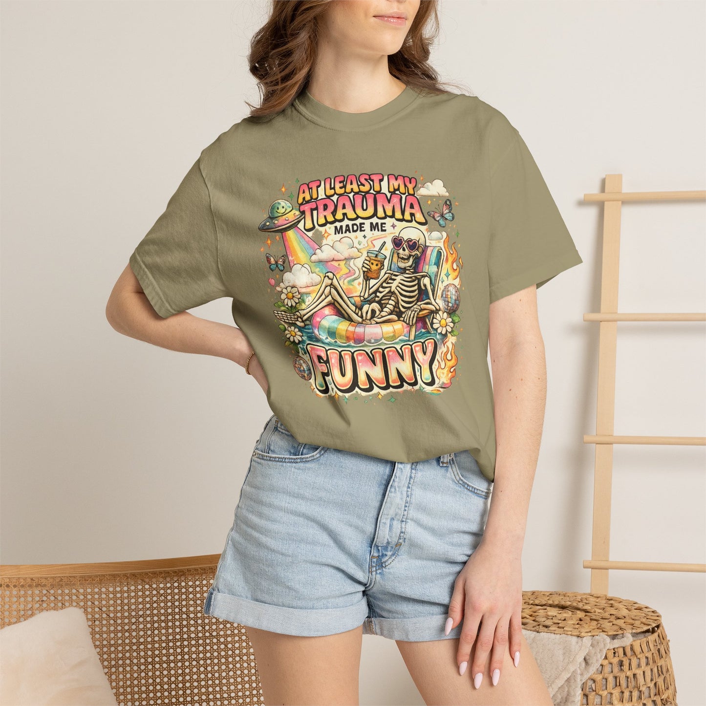 Funny Skeleton Graphic T-Shirt — "At Least My Trauma Made Me Funny"