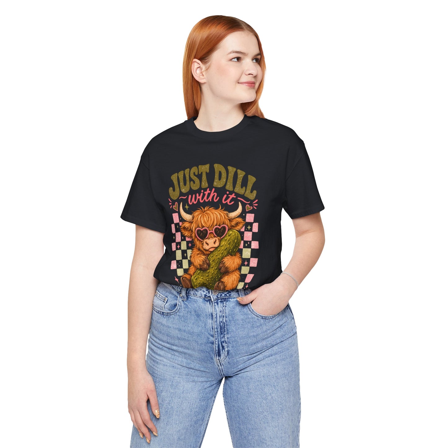 Just Dill With It Tee — Cute Highland Cow Hugging Pickle Graphic T‑Shirt