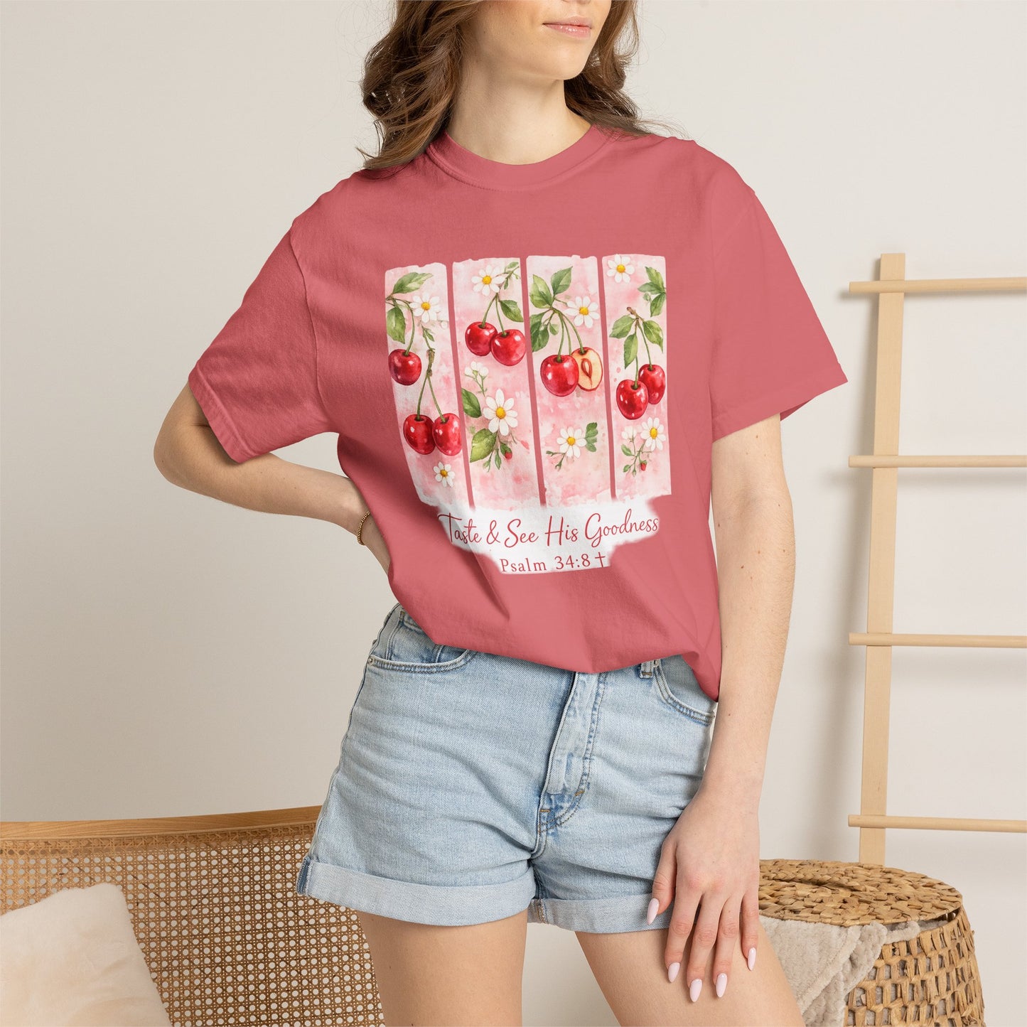 T-Shirt — "Taste & See His Goodness" Cherry Scripture Tee (Psalm 34:8)