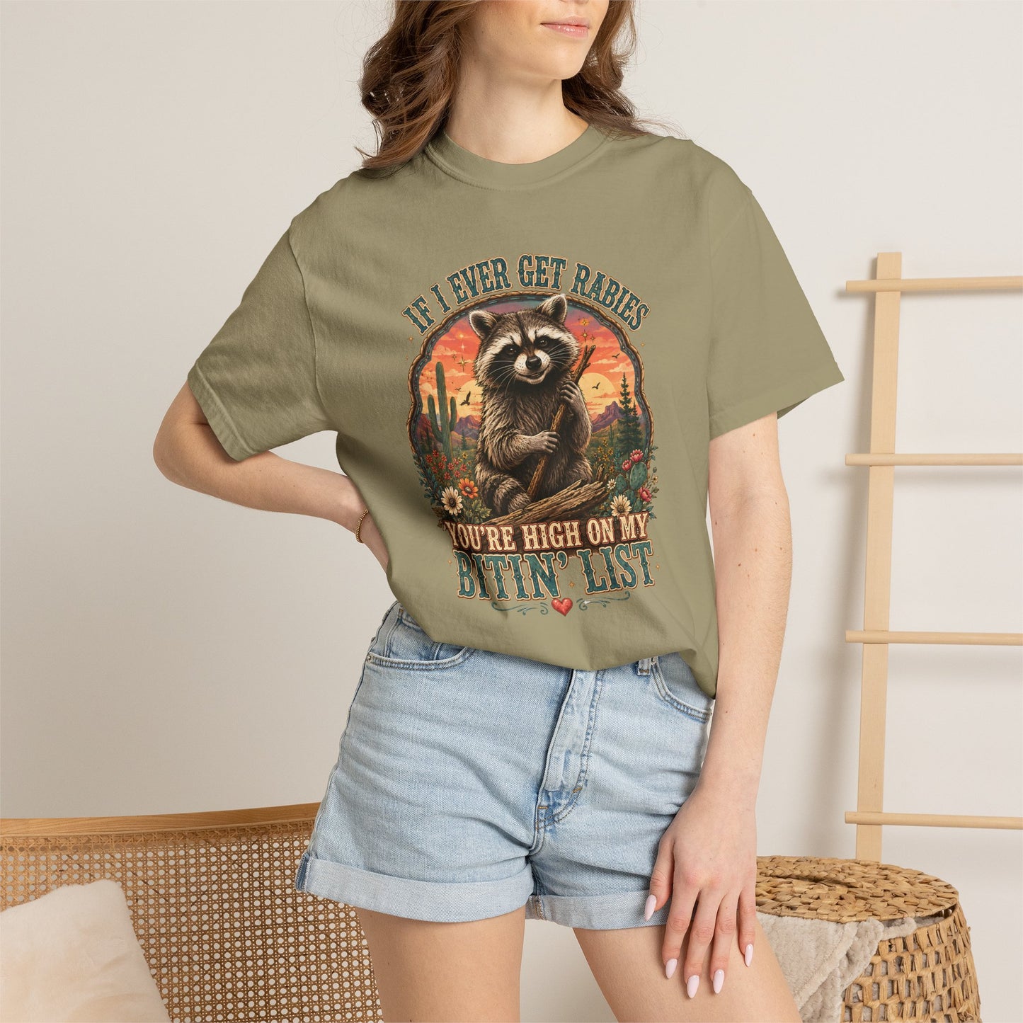 Raccoon Sunset T‑Shirt — “If I Ever Get Riches You’re High On My Bitin’ List” Funny Retro Graphic Tee
