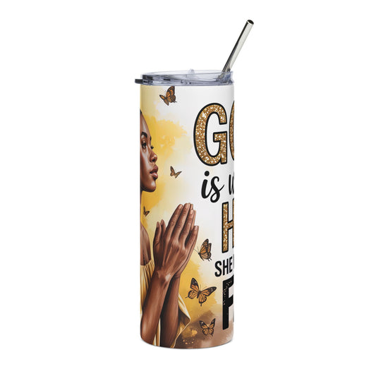 Prayerful Butterfly Stainless Steel Tumbler — "God is within her, she will not fall" 20oz