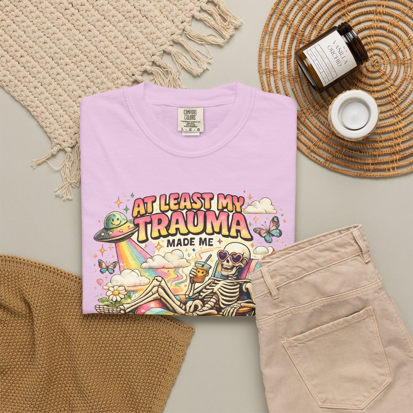 Funny Skeleton Graphic T-Shirt — "At Least My Trauma Made Me Funny"