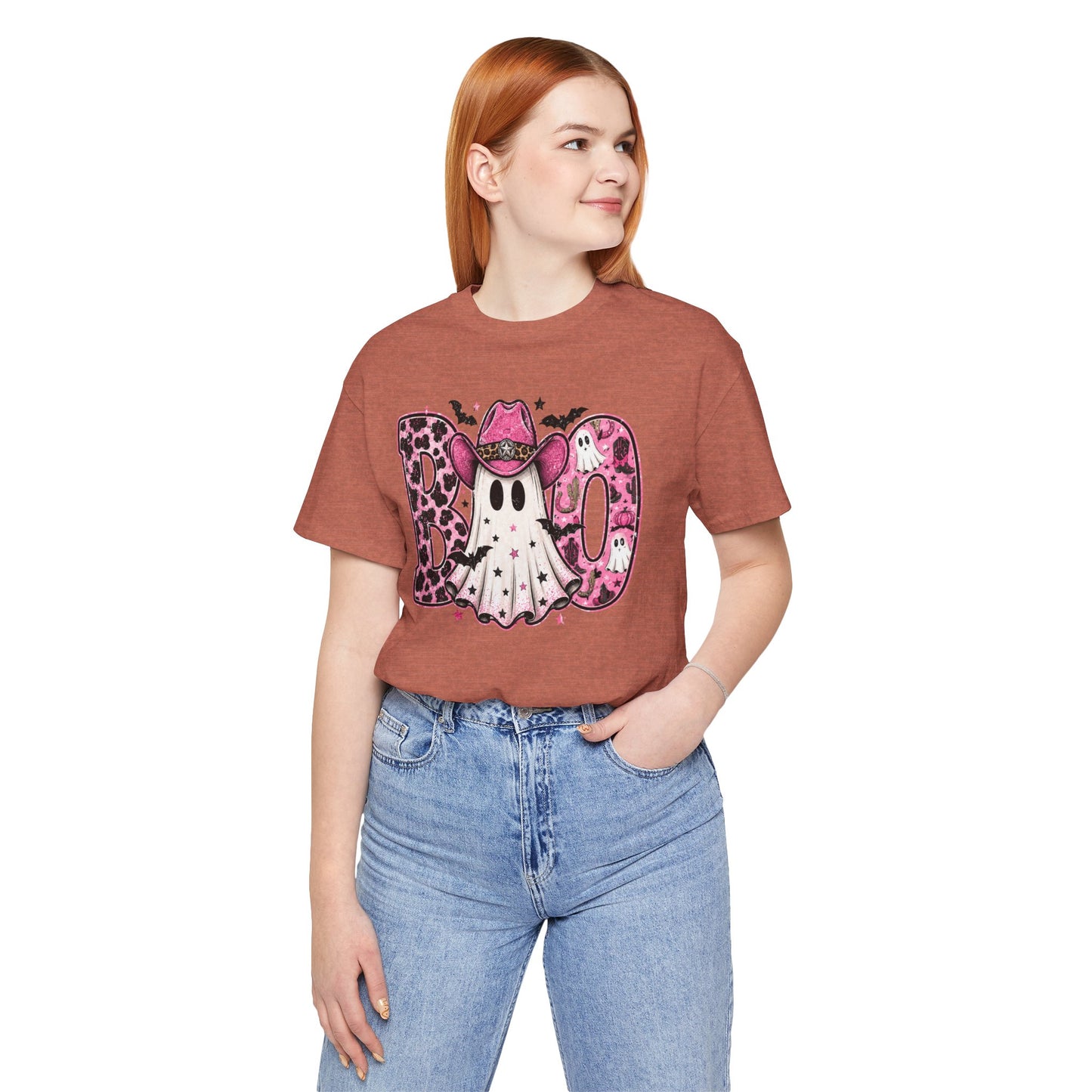 Boo Pink Leopard Ghost Tee — Cute Cowgirl Halloween T-Shirt