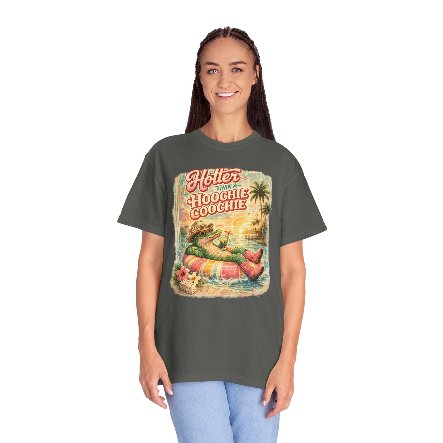 "Hotter Than a Hoochie Coochie" Retro Alligator Beach Graphic