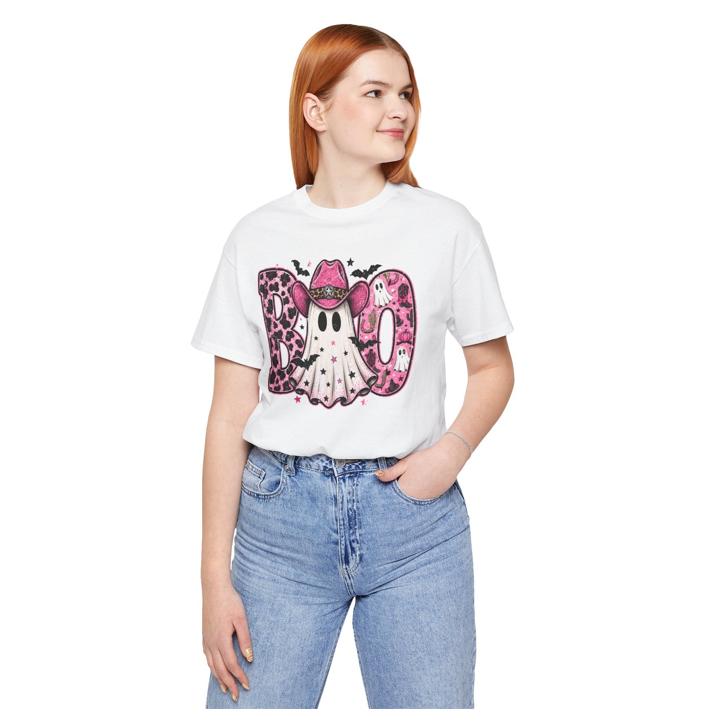 Boo Pink Leopard Ghost Tee — Cute Cowgirl Halloween T-Shirt