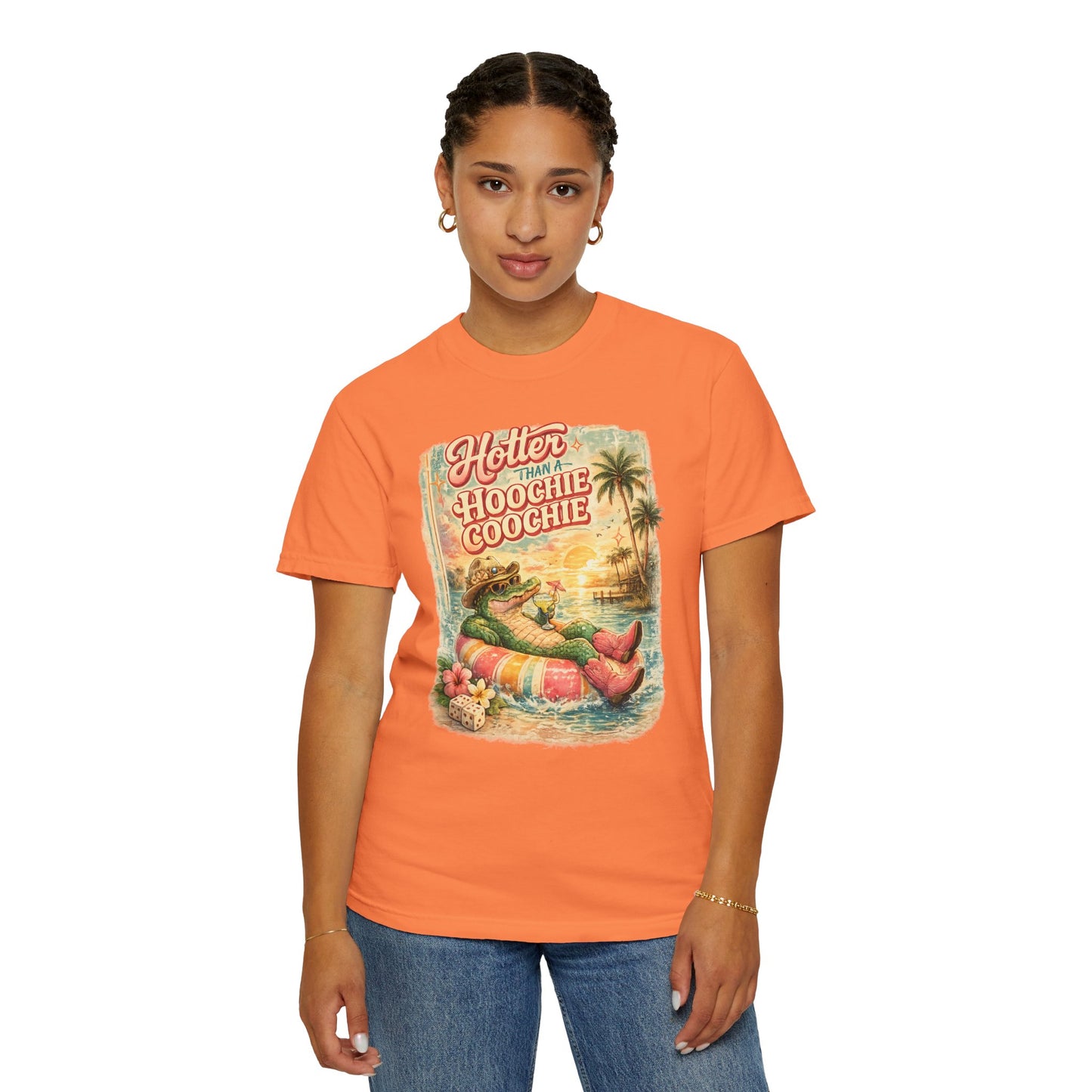 "Hotter Than a Hoochie Coochie" Retro Alligator Beach Graphic