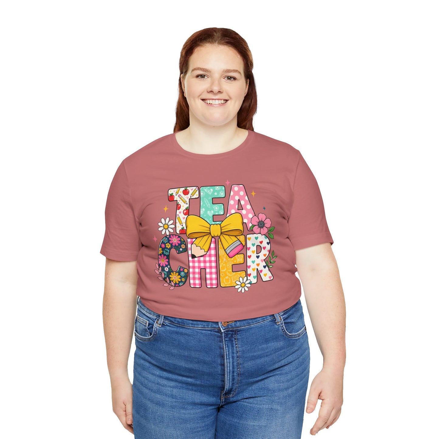 Teacher Floral Bow T-Shirt — Cute 'Teach er' Colorful School Shirt for Teachers