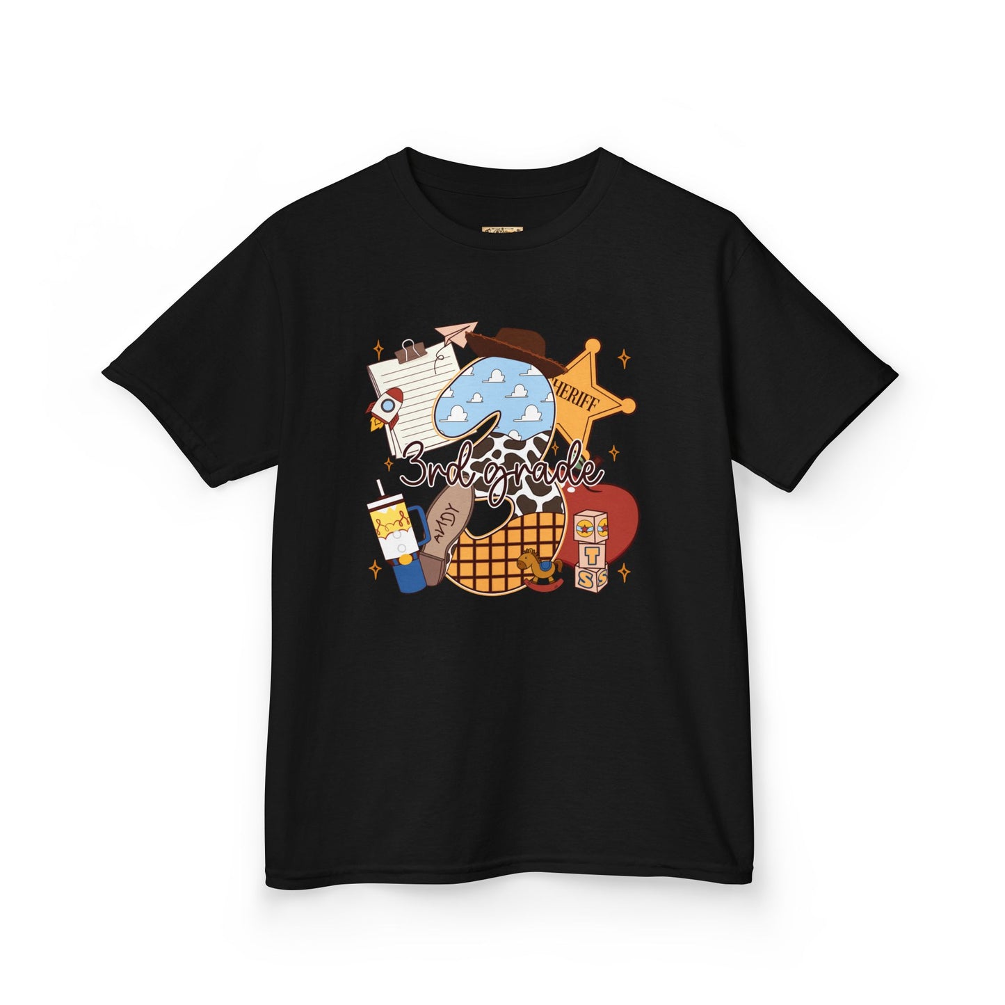 Kids Tee — 3rd Grade School Life Graphic (apple, donut, sheriff star)