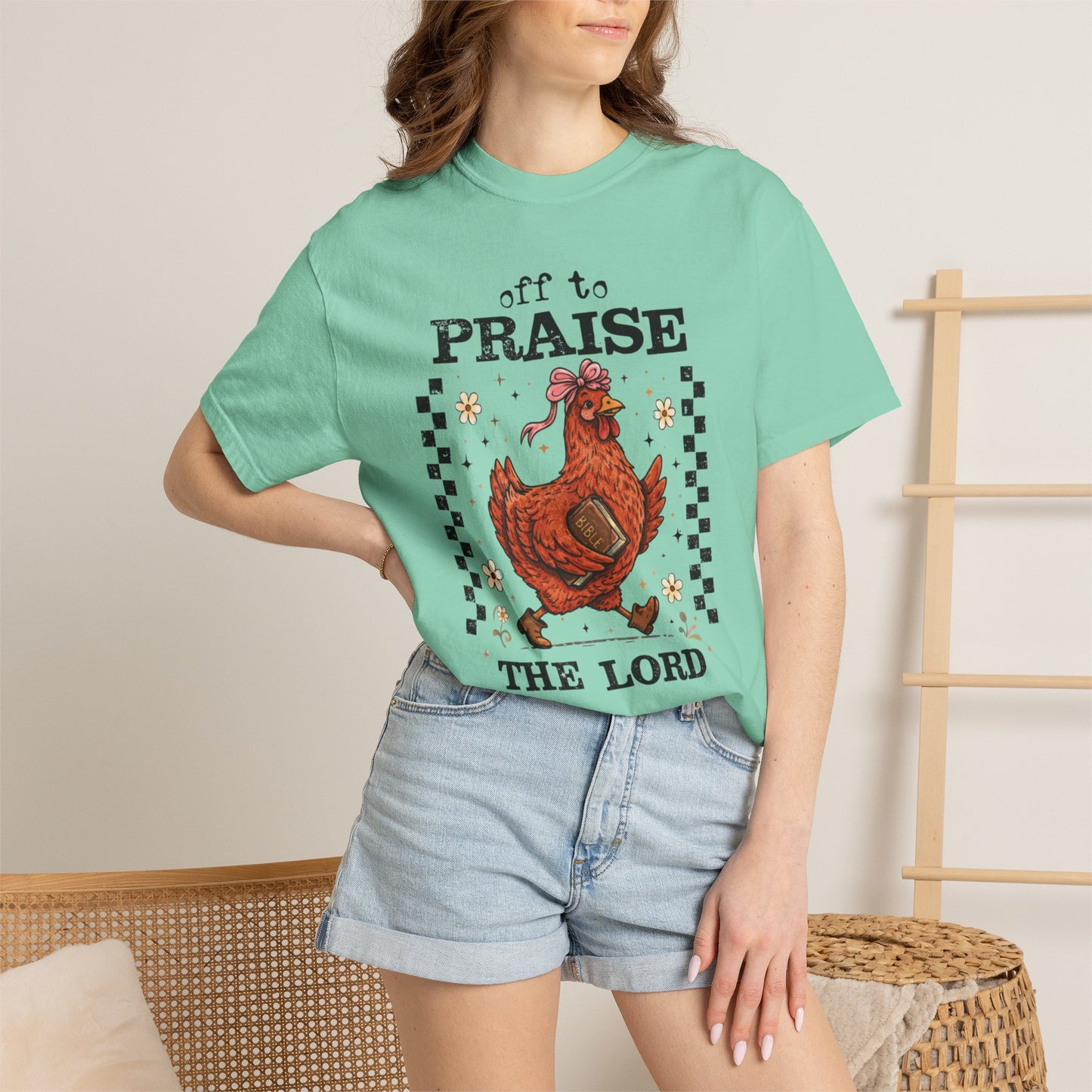 Praise the Lord Chicken T-Shirt — 'Off to Praise the Lord' Vintage Farmhouse Tee