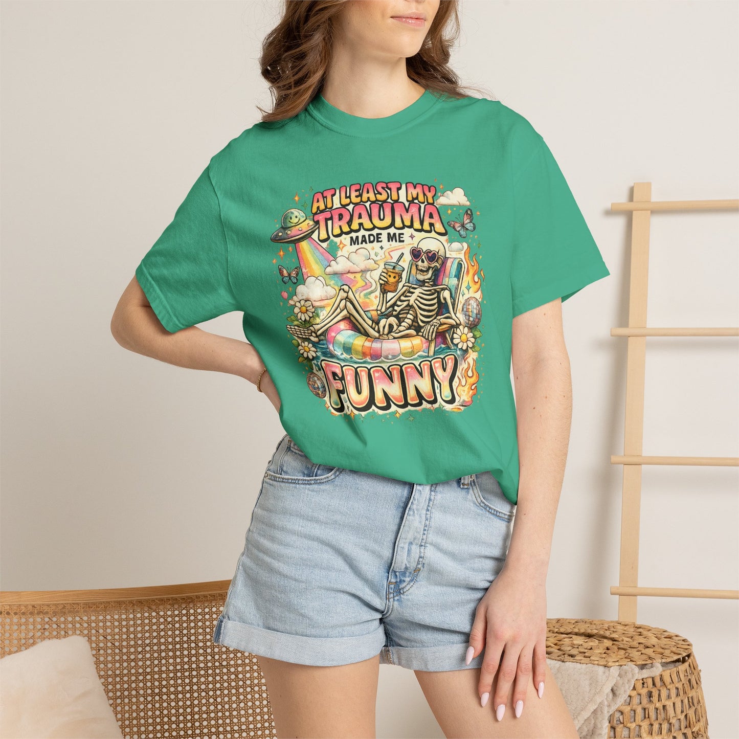 Funny Skeleton Graphic T-Shirt — "At Least My Trauma Made Me Funny"