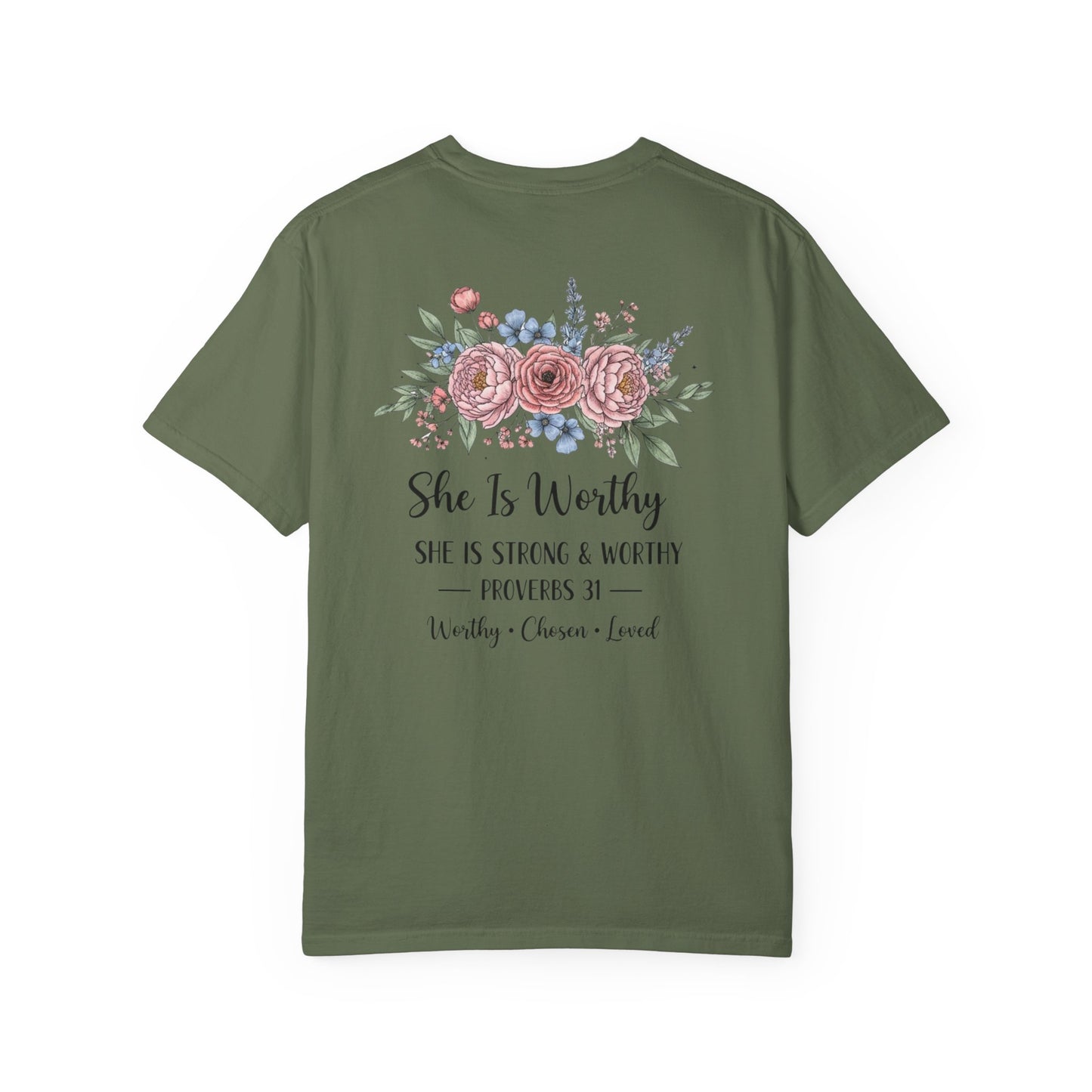 She Is Worthy Floral T-Shirt — Proverbs 31 Inspirational Tee