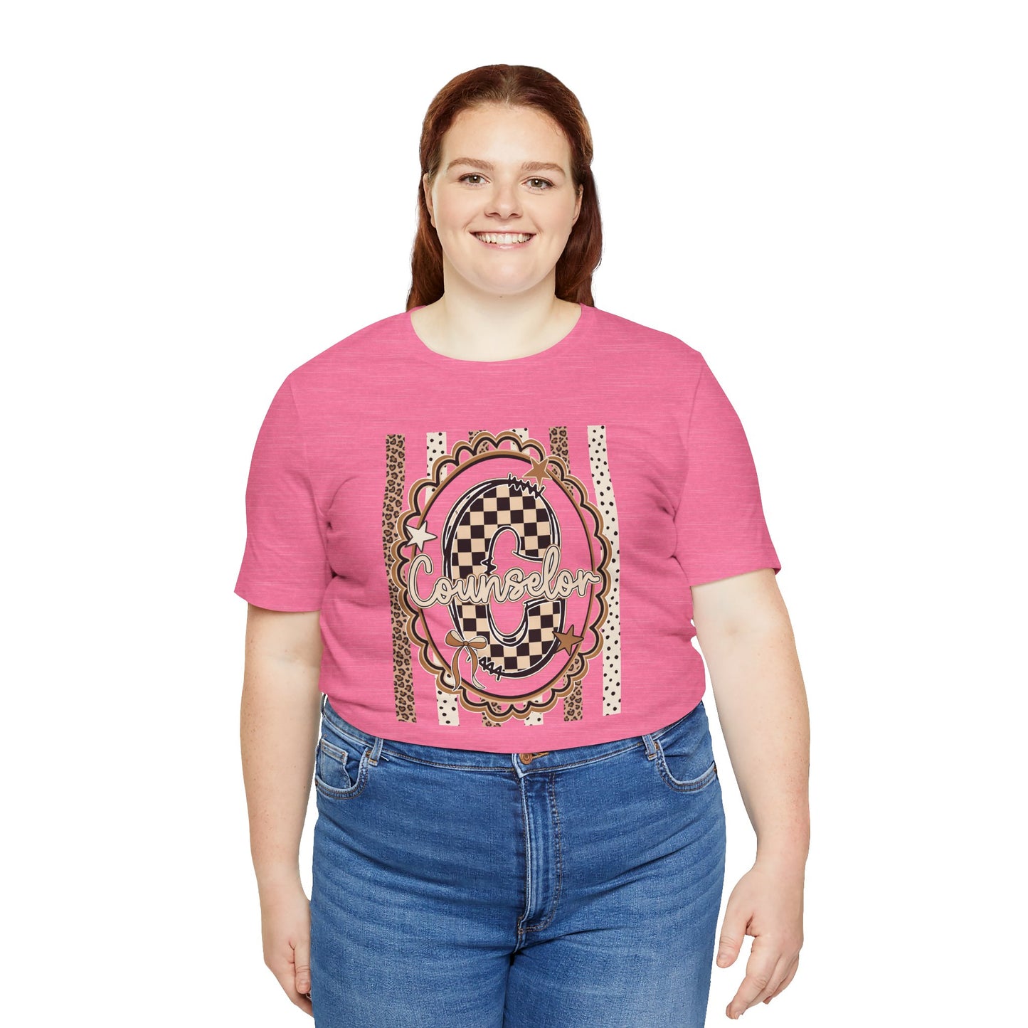 Counselor Tee — Retro Checkerboard & Leopard Print Graphic T-Shirt