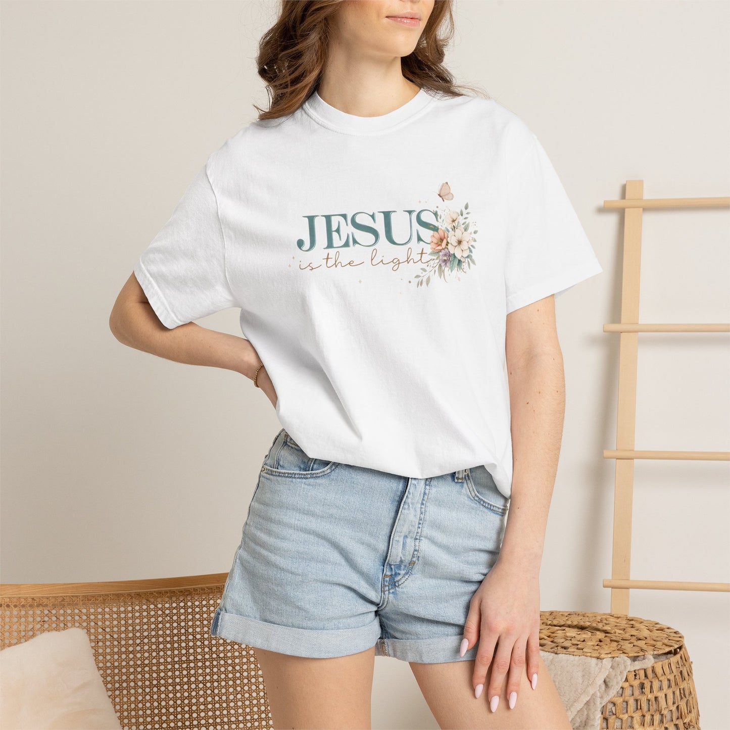 Jesus Is the Light T-Shirt — Floral Cross Christian Tee (Walking in Faith)