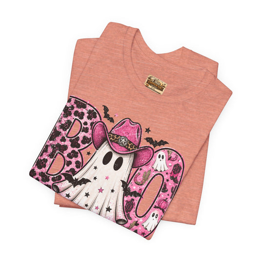 Boo Pink Leopard Ghost Tee — Cute Cowgirl Halloween T-Shirt