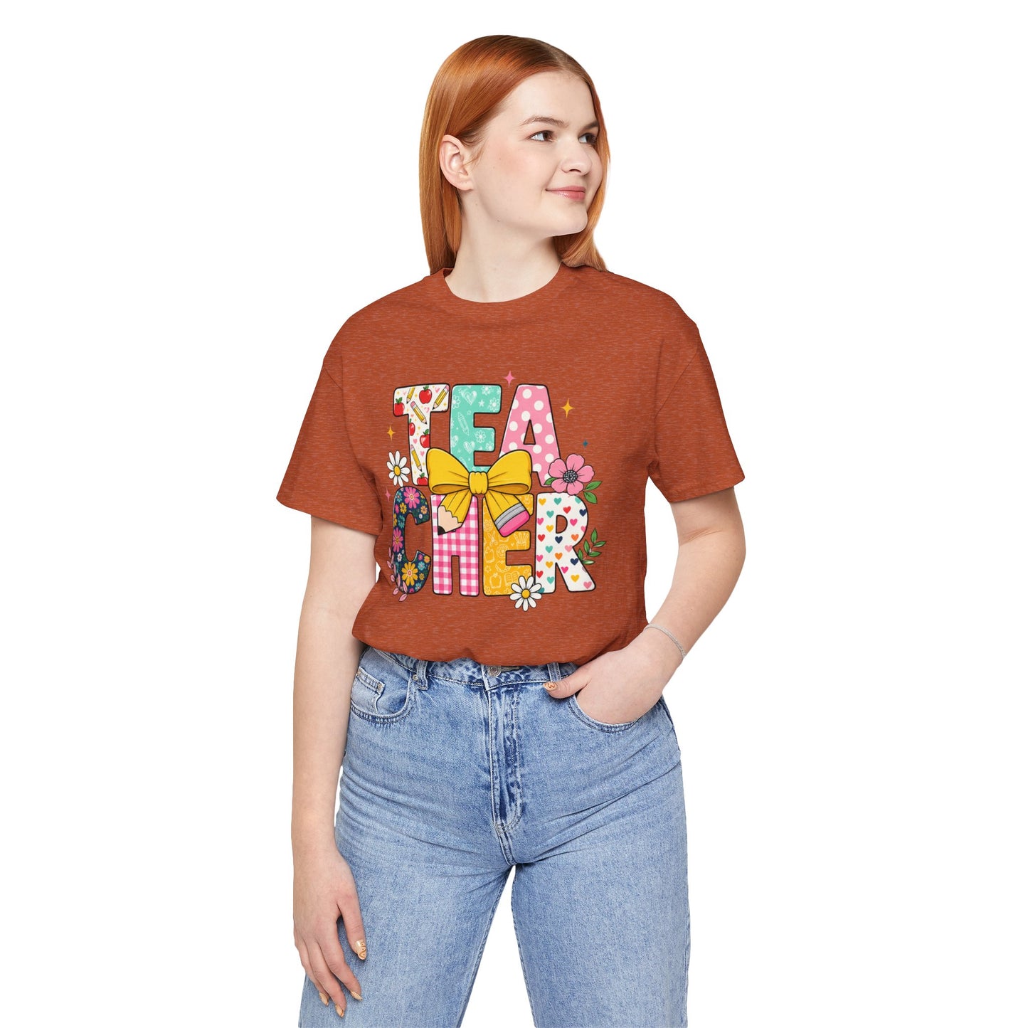 Teacher Floral Bow T-Shirt — Cute 'Teach er' Colorful School Shirt for Teachers