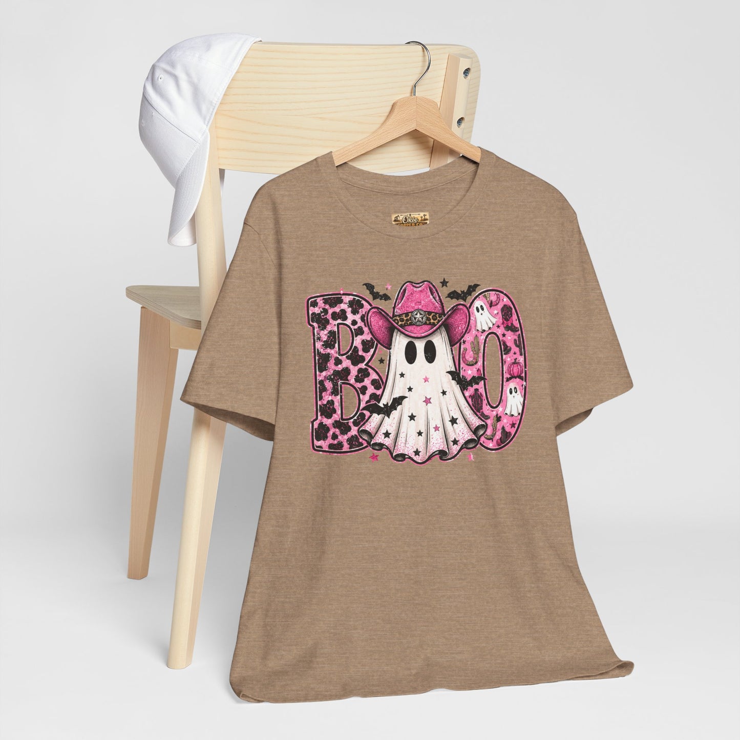 Boo Pink Leopard Ghost Tee — Cute Cowgirl Halloween T-Shirt