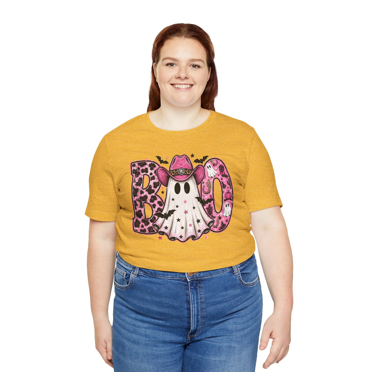 Boo Pink Leopard Ghost Tee — Cute Cowgirl Halloween T-Shirt