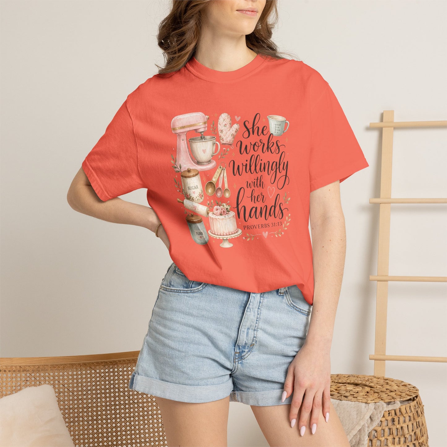 Baker’s Kitchen T-Shirt — “She Works Willingly With Her Hands” Floral Baking Design