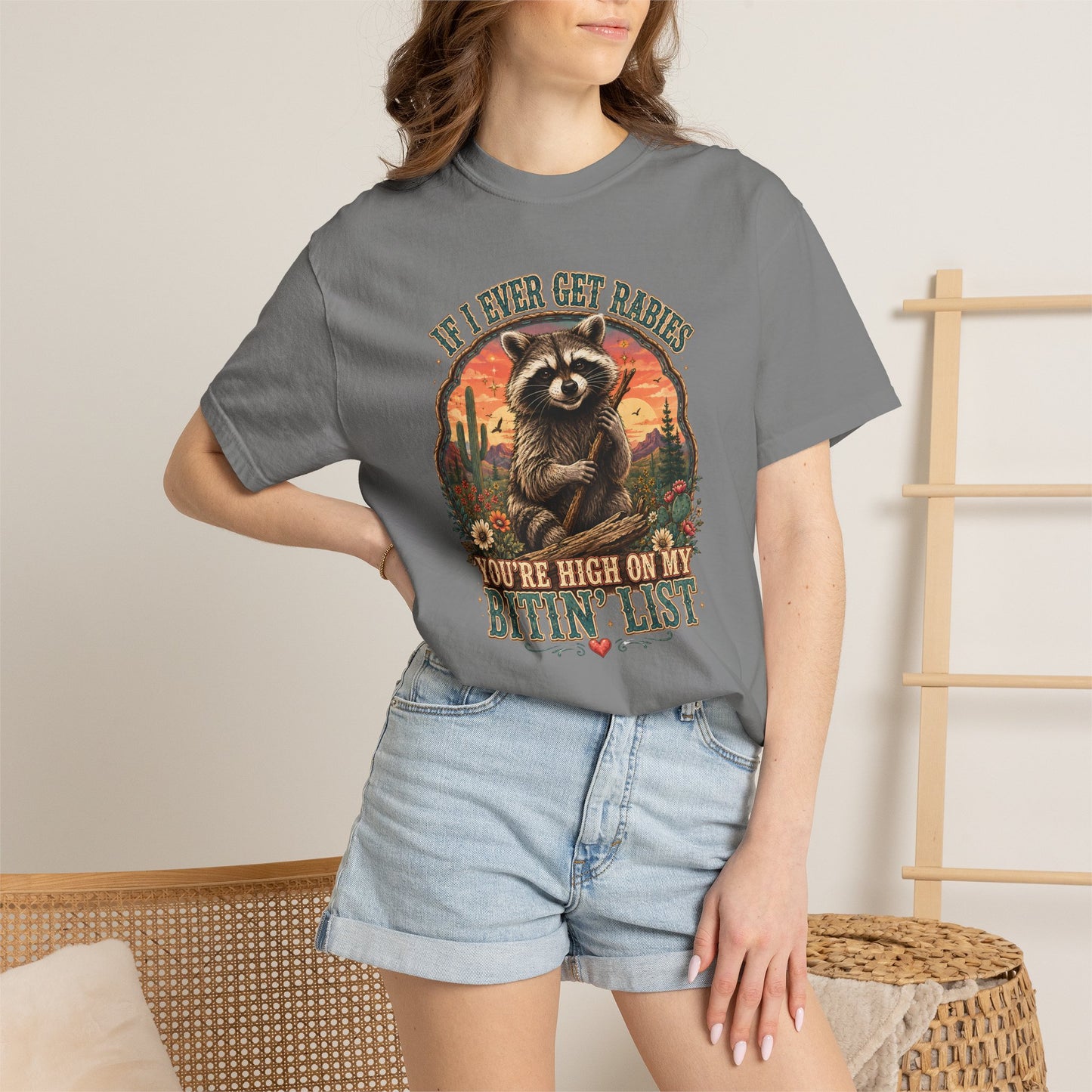 Raccoon Sunset T‑Shirt — “If I Ever Get Riches You’re High On My Bitin’ List” Funny Retro Graphic Tee