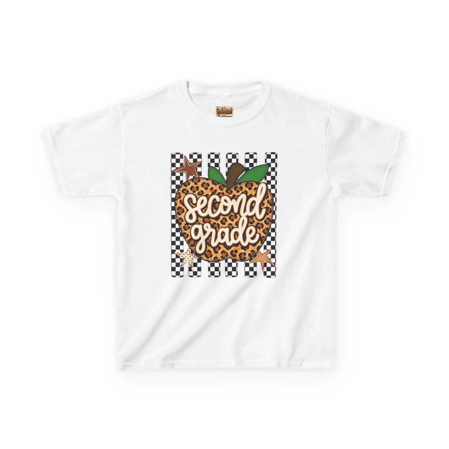 Second Grade Leopard Apple Kids T-Shirt — Back-to-School Teacher Appreciation Tee