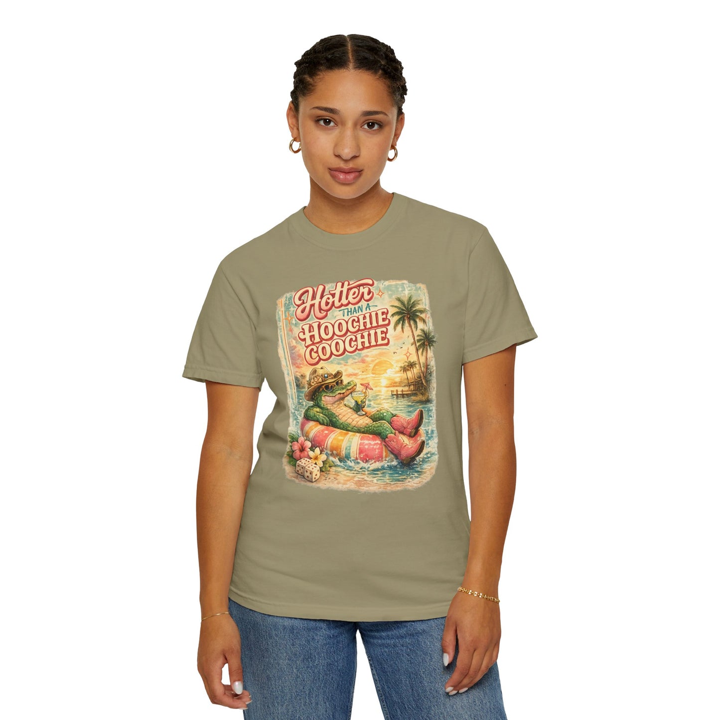 "Hotter Than a Hoochie Coochie" Retro Alligator Beach Graphic