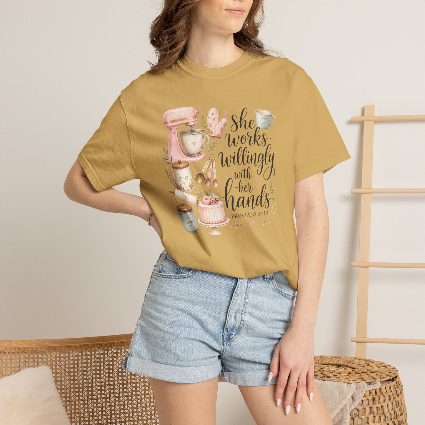 Baker’s Kitchen T-Shirt — “She Works Willingly With Her Hands” Floral Baking Design