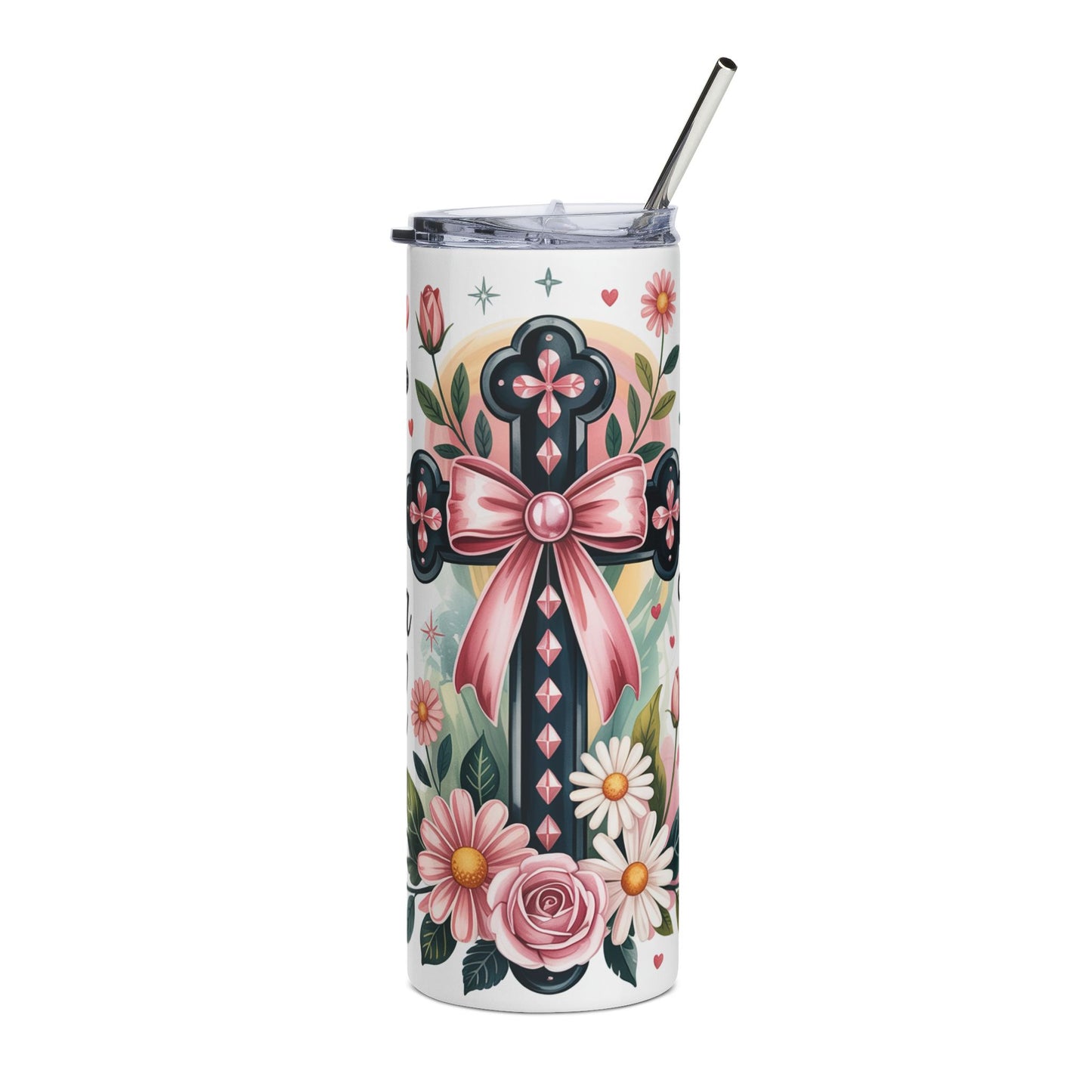 20oz Stainless Tumbler — 'Just a Girl' Floral Cross & Butterfly Design