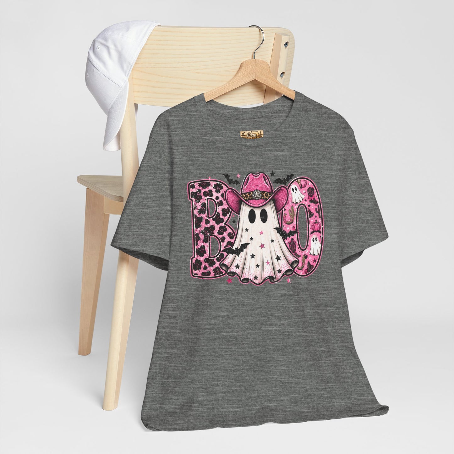Boo Pink Leopard Ghost Tee — Cute Cowgirl Halloween T-Shirt