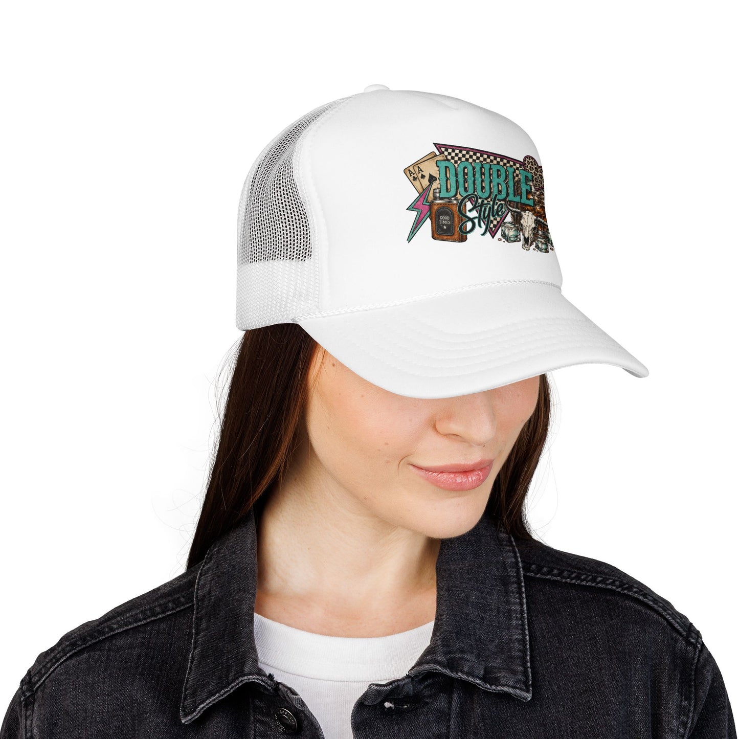 Double Shot Retro Foam Trucker Hat — Vintage Neon Coffee & Camera Patch