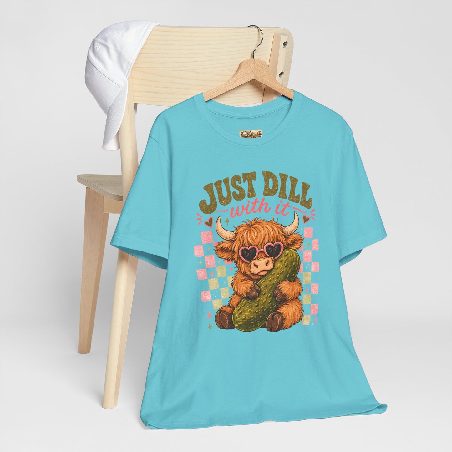 Just Dill With It Tee — Cute Highland Cow Hugging Pickle Graphic T‑Shirt