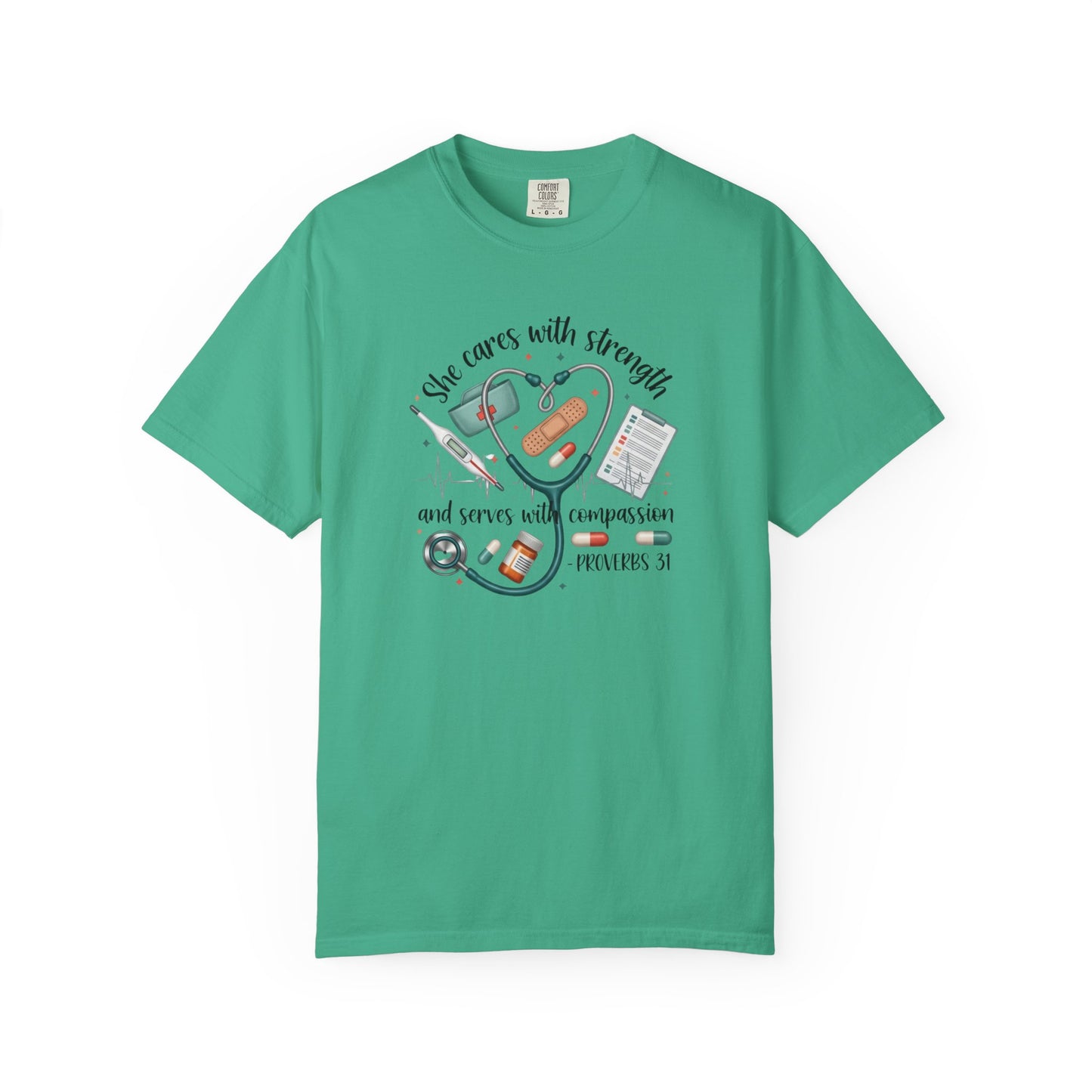 Nurse Heartbeat Graphic T-Shirt — "She Cares with Strength" Psalm 31 Christian Tee