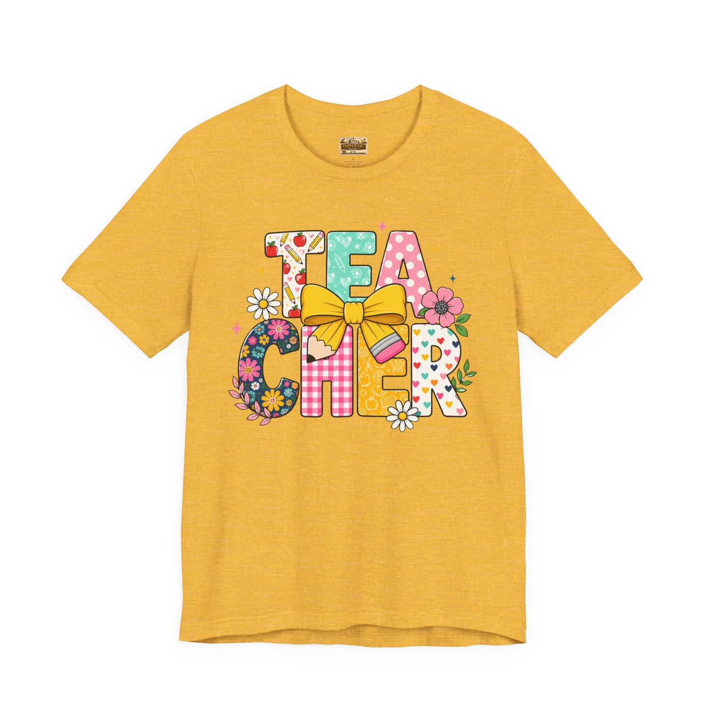 Teacher Floral Bow T-Shirt — Cute 'Teach er' Colorful School Shirt for Teachers