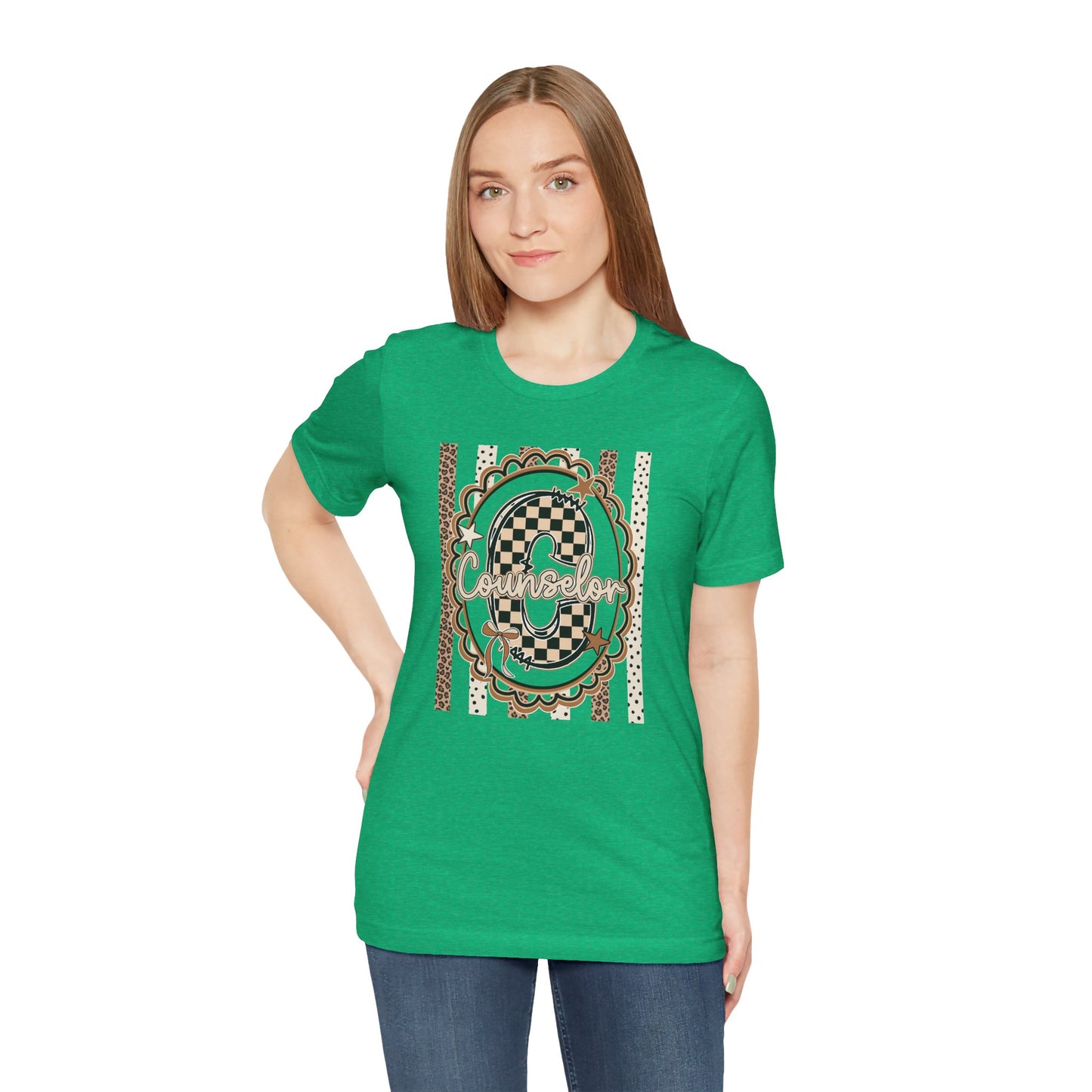 Counselor Tee — Retro Checkerboard & Leopard Print Graphic T-Shirt
