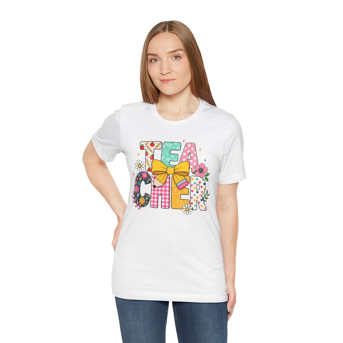 Teacher Floral Bow T-Shirt — Cute 'Teach er' Colorful School Shirt for Teachers
