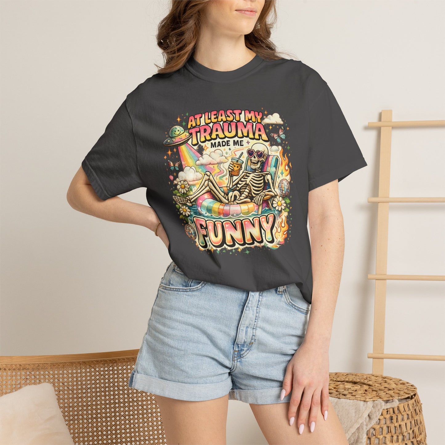 Funny Skeleton Graphic T-Shirt — "At Least My Trauma Made Me Funny"