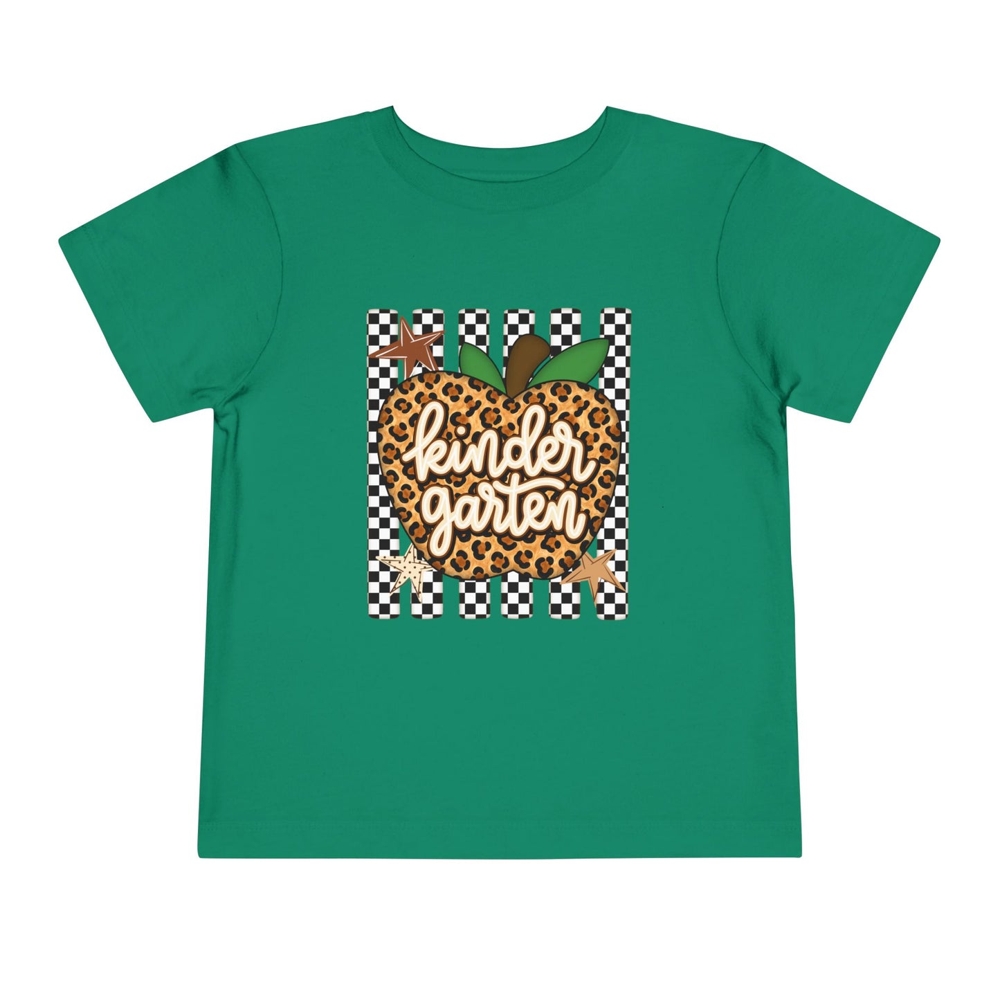 Kindergarten Leopard Apple Toddler Tee — Back-to-School Cute Checkered Shirt