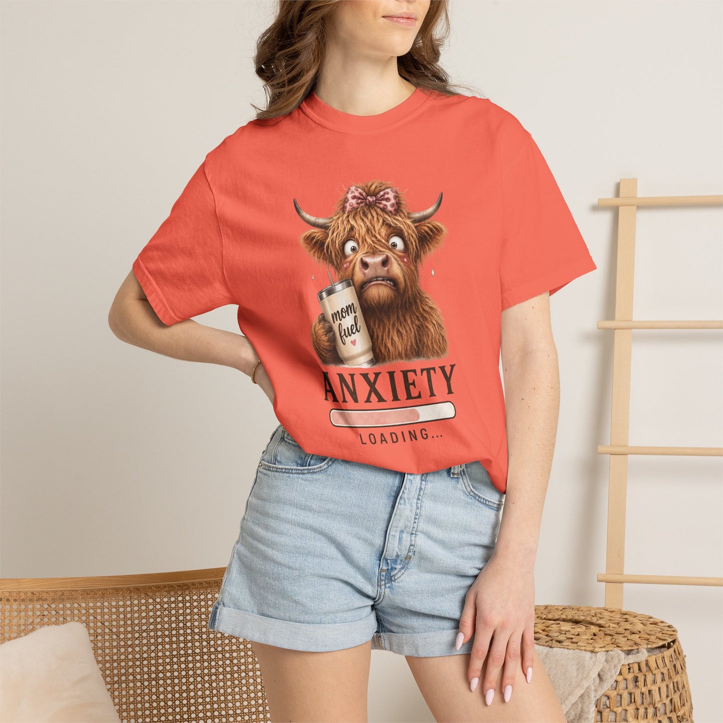 Anxiety Loading T-Shirt — Cute Highland Cow with 'Mom Fuel' Mug