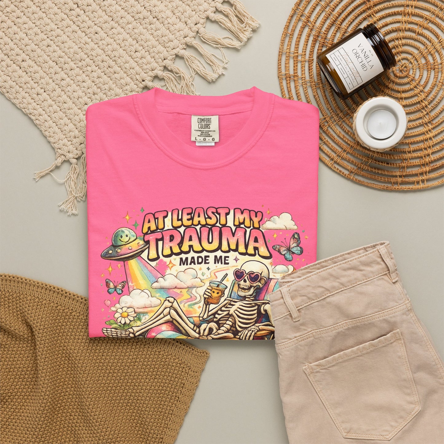 Funny Skeleton Graphic T-Shirt — "At Least My Trauma Made Me Funny"