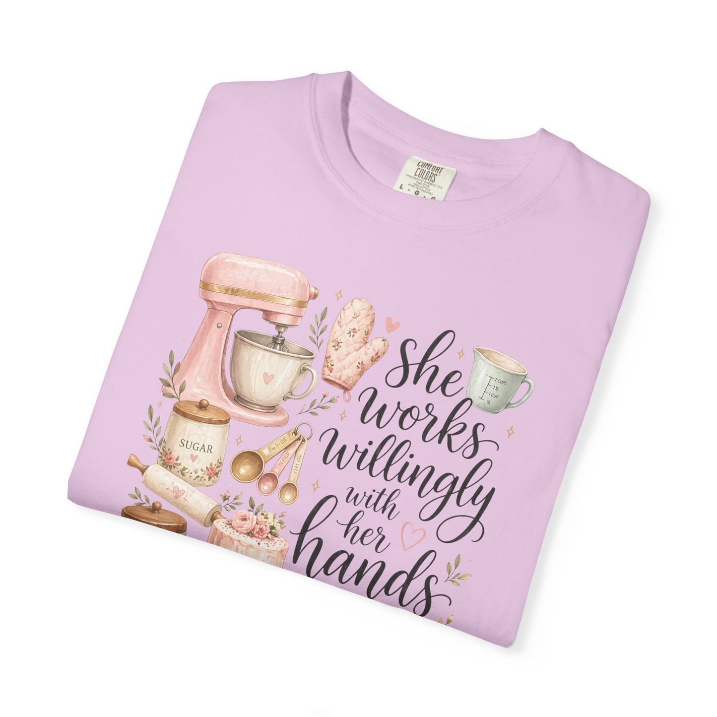 Baker’s Kitchen T-Shirt — “She Works Willingly With Her Hands” Floral Baking Design