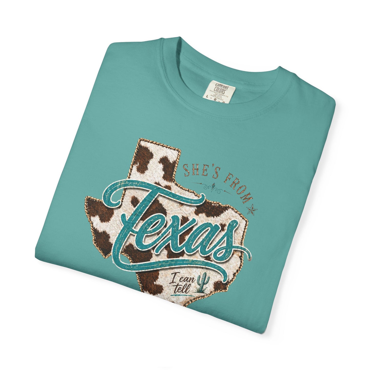 Texas Cowhide Graphic T-Shirt — "She's From Texas" Retro Western Tee