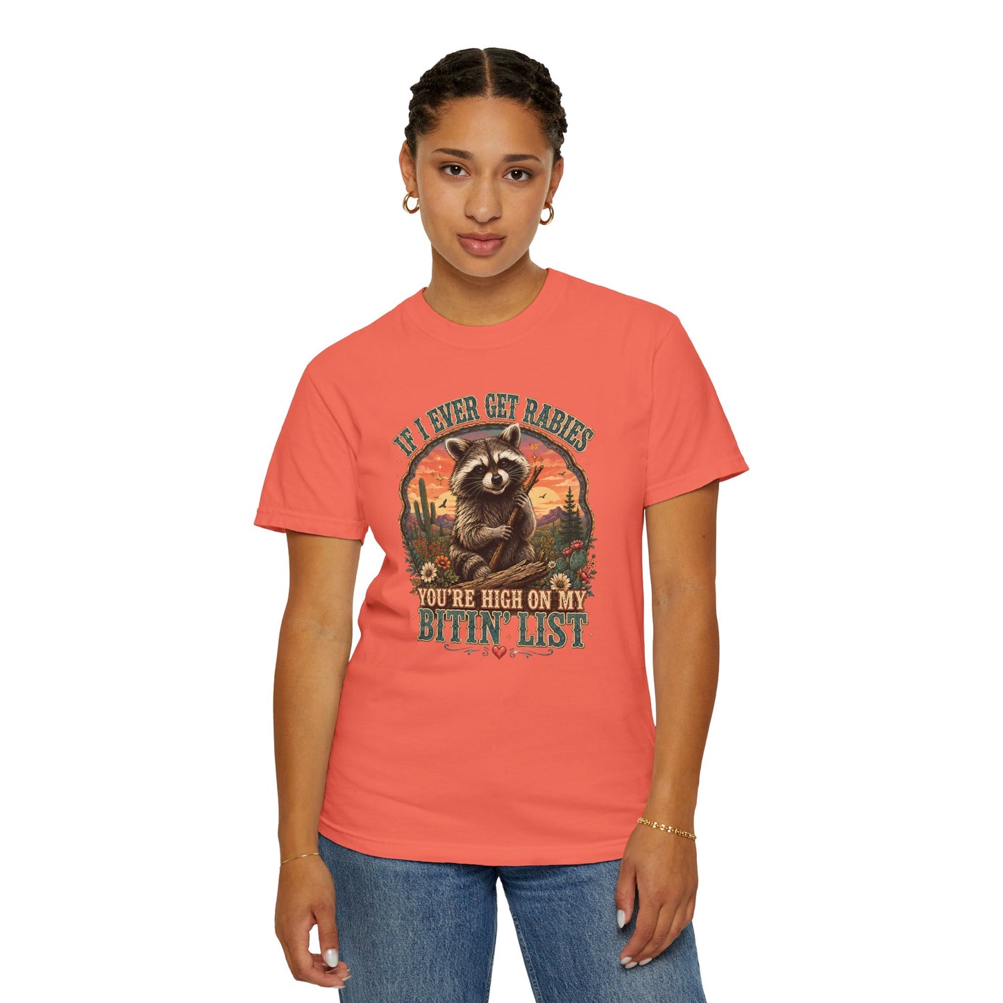 Raccoon Sunset T‑Shirt — “If I Ever Get Riches You’re High On My Bitin’ List” Funny Retro Graphic Tee