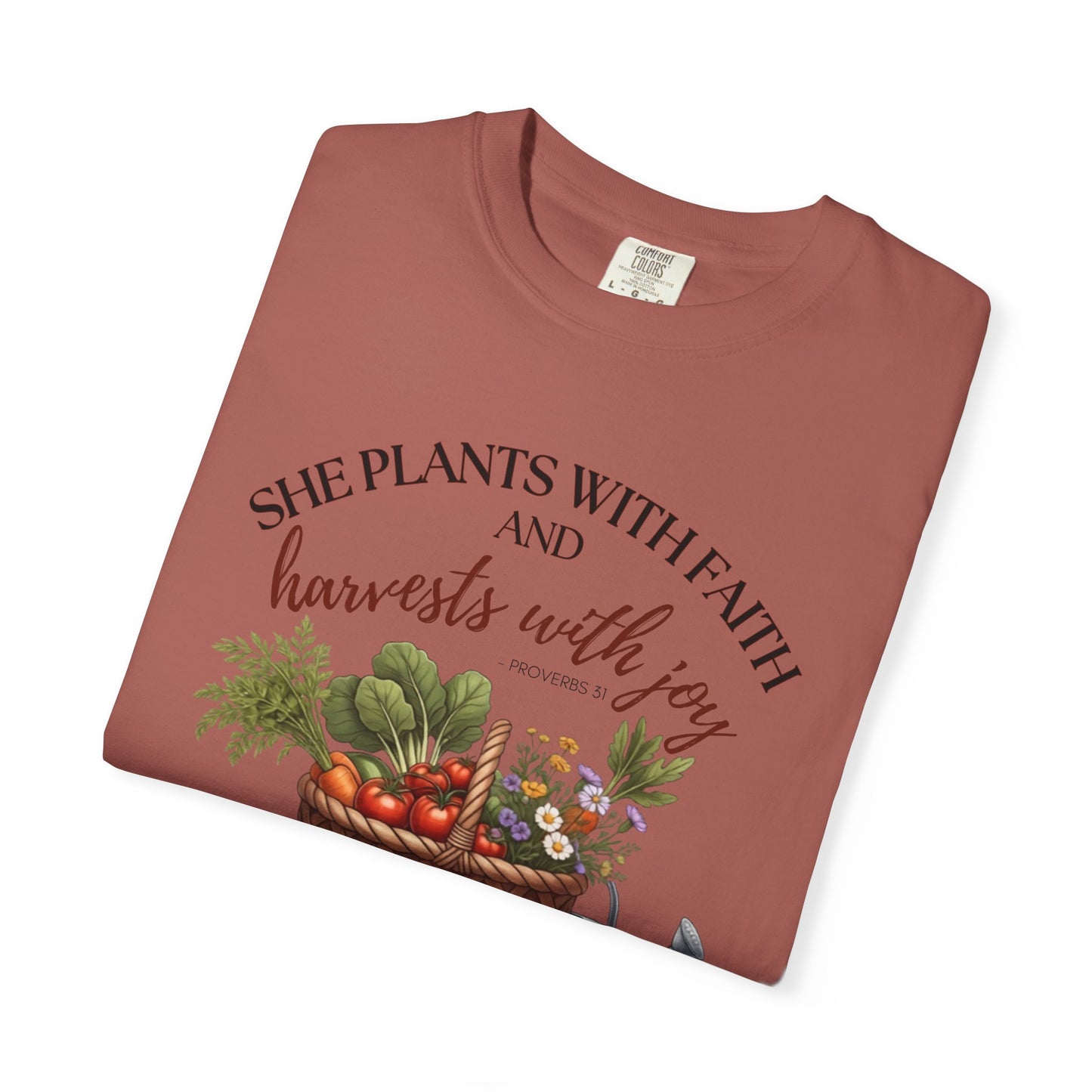 She Plants With Faith Garden T‑Shirt — Harvests With Joy Floral Basket Tee