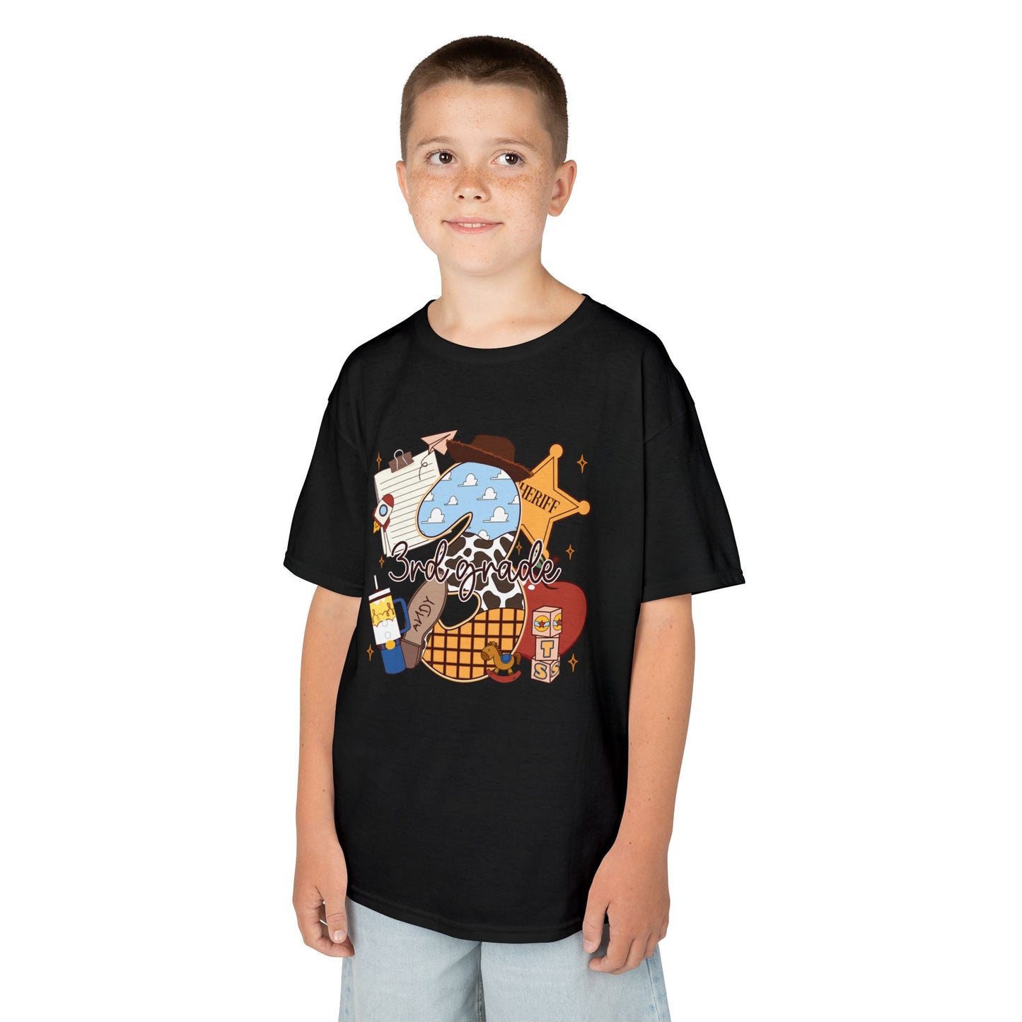 Kids Tee — 3rd Grade School Life Graphic (apple, donut, sheriff star)