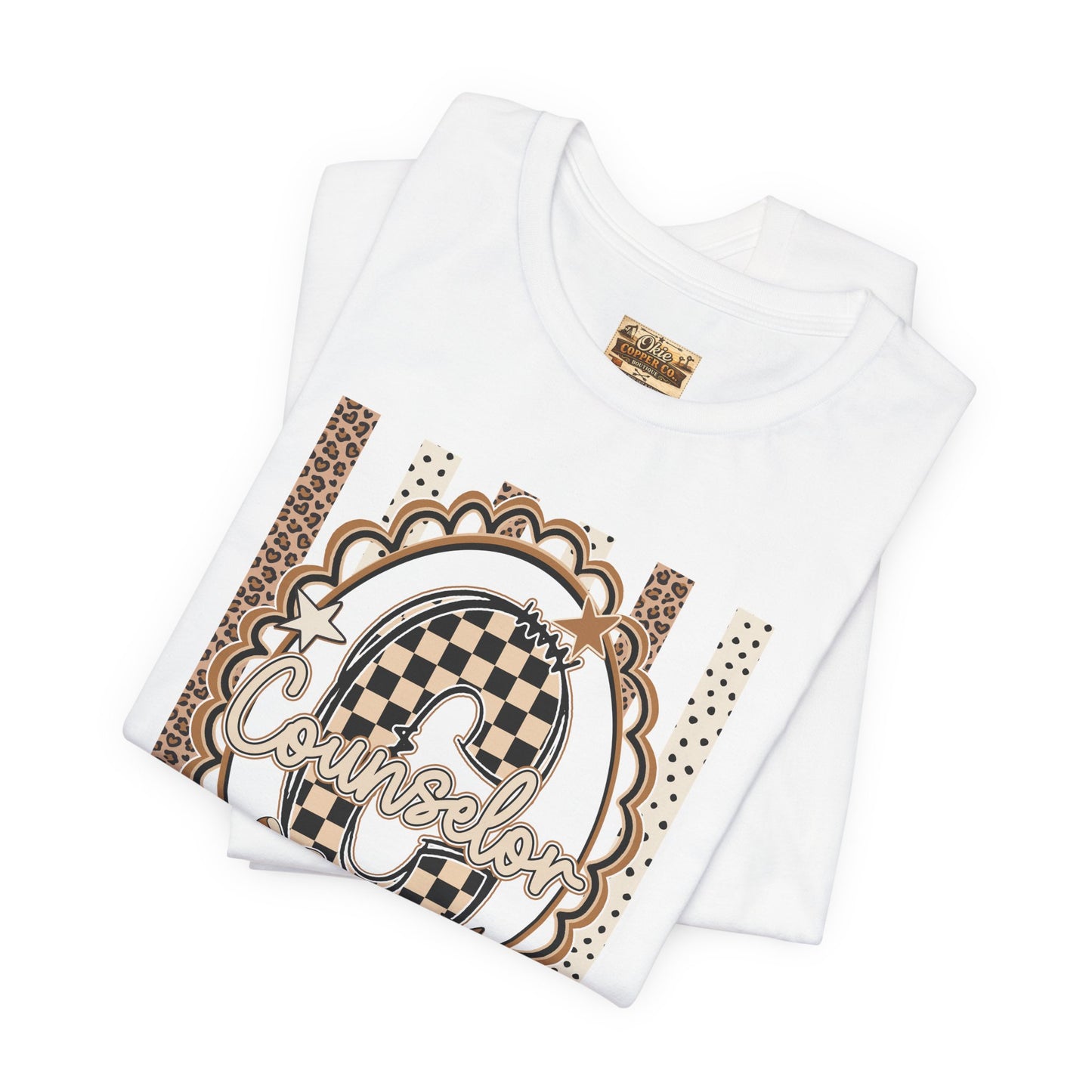 Counselor Tee — Retro Checkerboard & Leopard Print Graphic T-Shirt