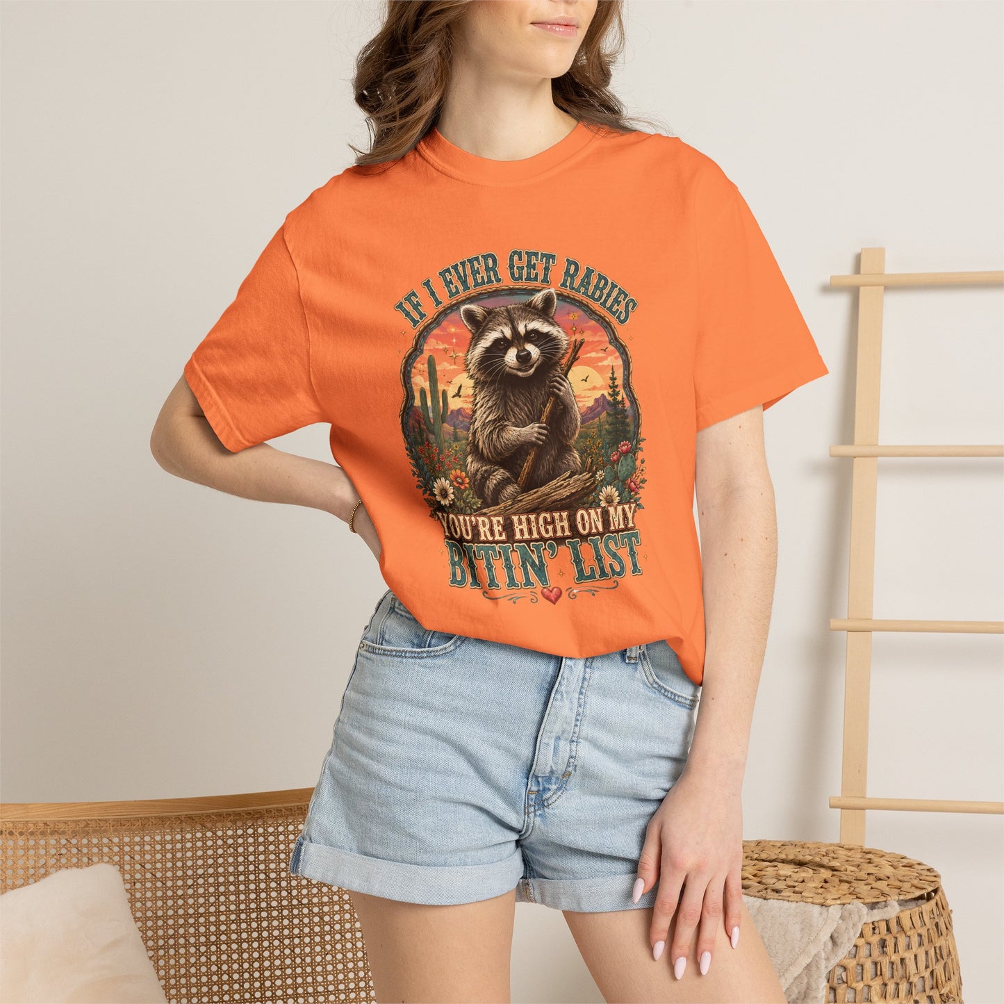 Raccoon Sunset T‑Shirt — “If I Ever Get Riches You’re High On My Bitin’ List” Funny Retro Graphic Tee