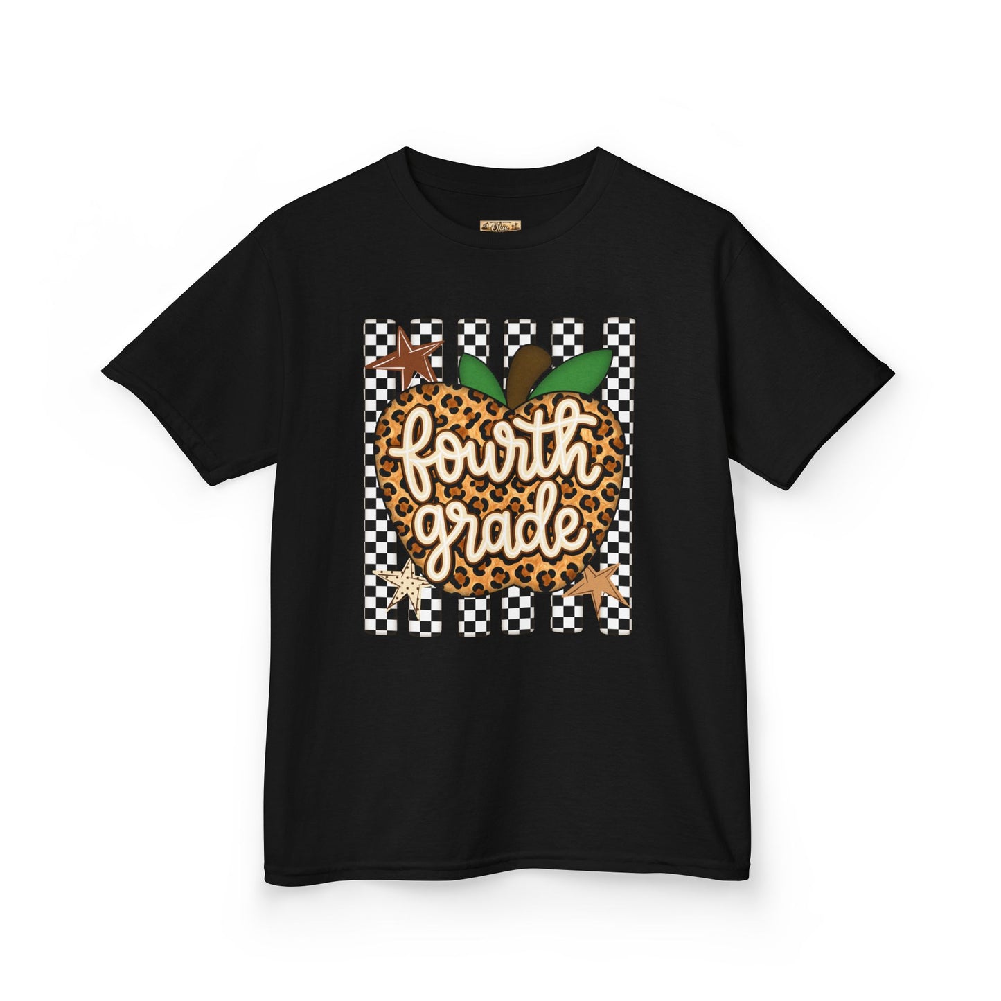 Fourth Grade Apple Kids T‑Shirt — Leopard & Checkerboard Back-to-School Tee