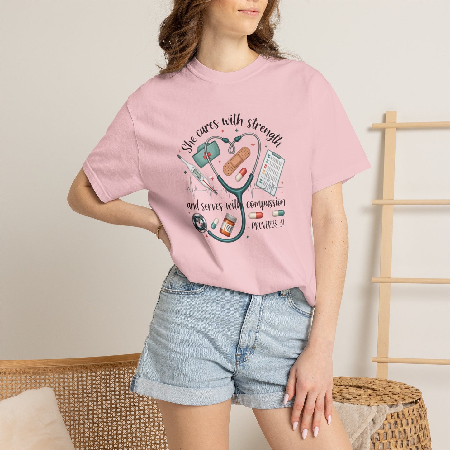 Nurse Heartbeat Graphic T-Shirt — "She Cares with Strength" Psalm 31 Christian Tee